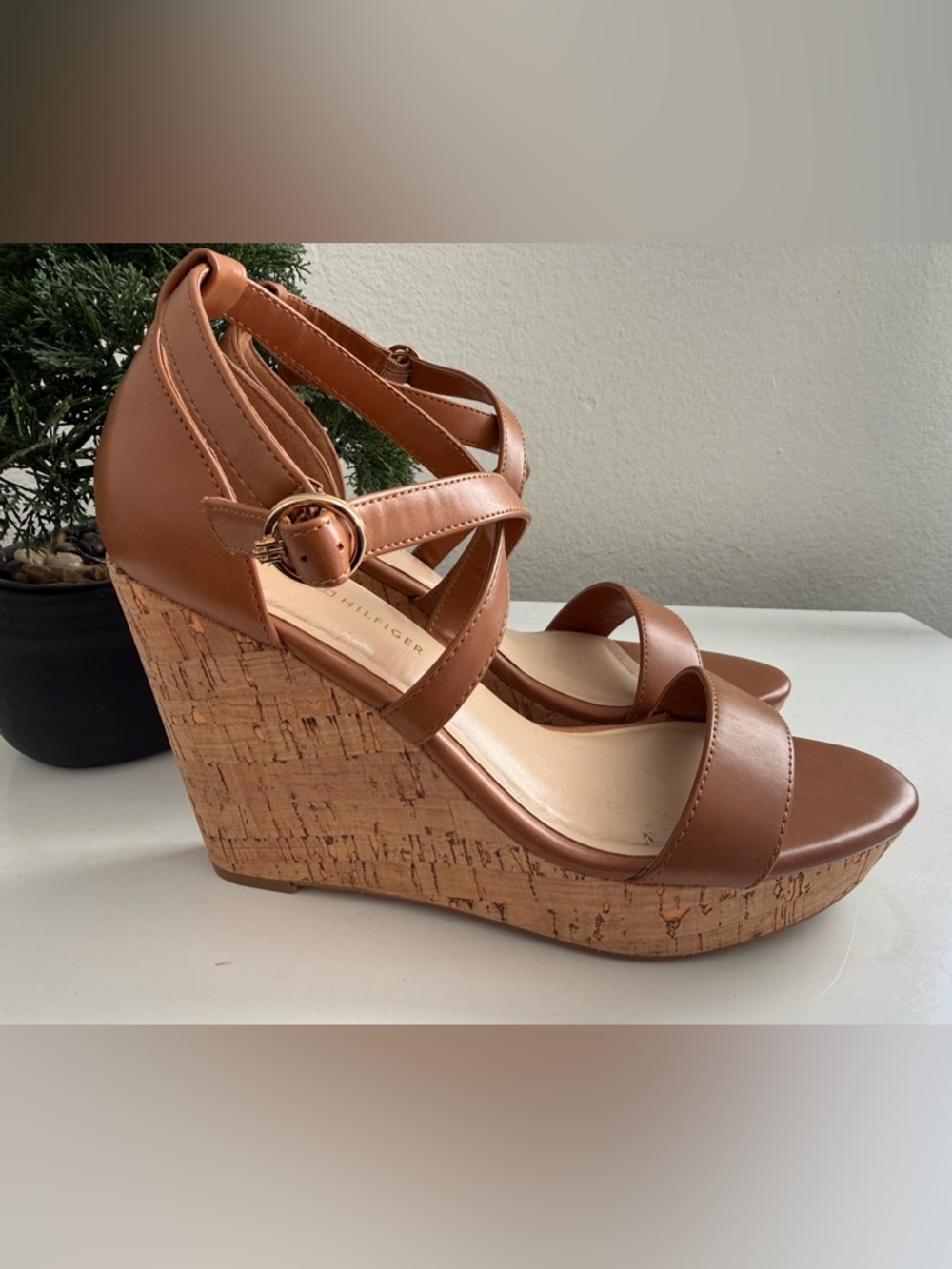 Tommy Hilfiger Brown Leather Cork Wedge Sandals